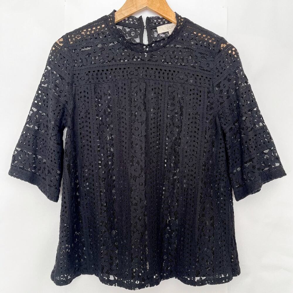 Loft Floral Lace Mock Neck Blouse Half Sleeve Keyhole Back Size Medium Black